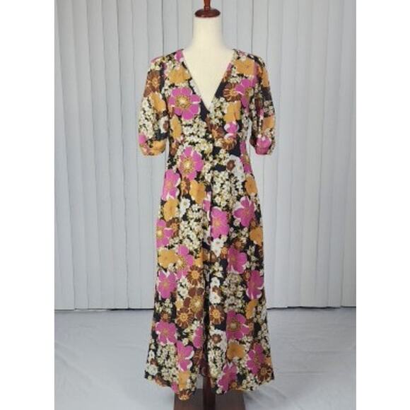 Bohme Aubree Floral Midi Dress V-neck Empire Waist Puff Sleeve Multicolor Small - Picture 1 of 11